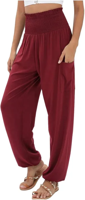 Women Linen Blend Summer Loose Pants Low Waist Baggy Stretchy Slim Fit Pant Trousers Business Work