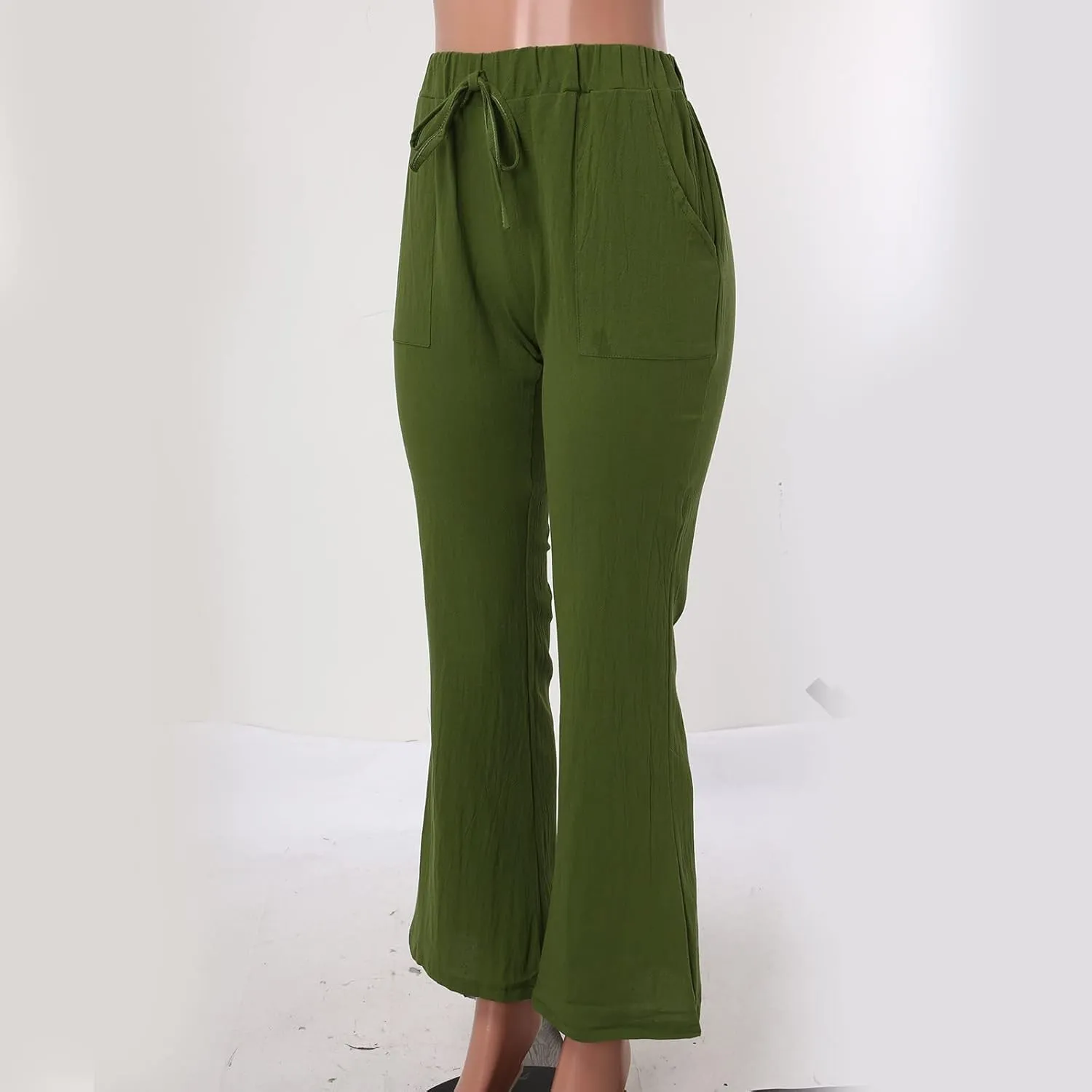 Women Linen Blend Summer Striped Palazzo Pants Elastic Waist Wide Leg Loose Fit Trouser Vacation