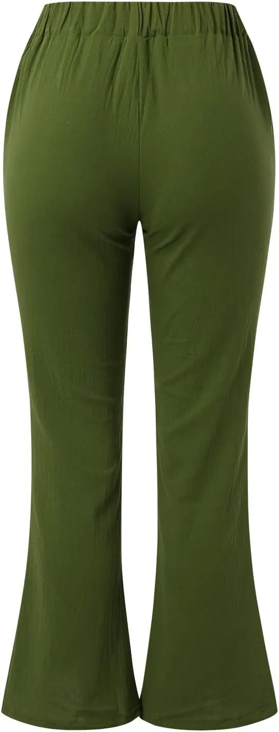Women Linen Blend Summer Striped Palazzo Pants Elastic Waist Wide Leg Loose Fit Trouser Vacation