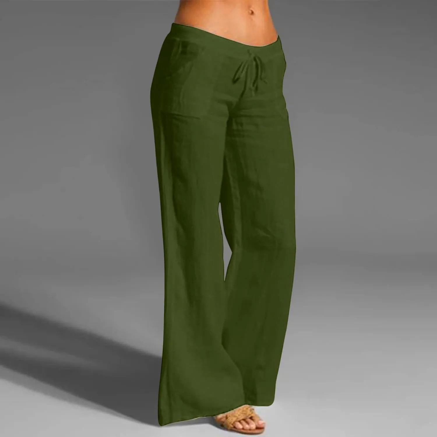 Women Linen Blend Summer Striped Palazzo Pants Elastic Waist Wide Leg Loose Fit Trouser Vacation