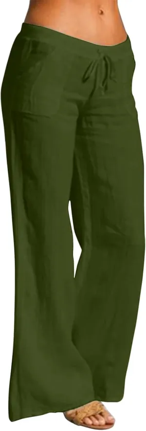 Women Linen Blend Summer Striped Palazzo Pants Elastic Waist Wide Leg Loose Fit Trouser Vacation