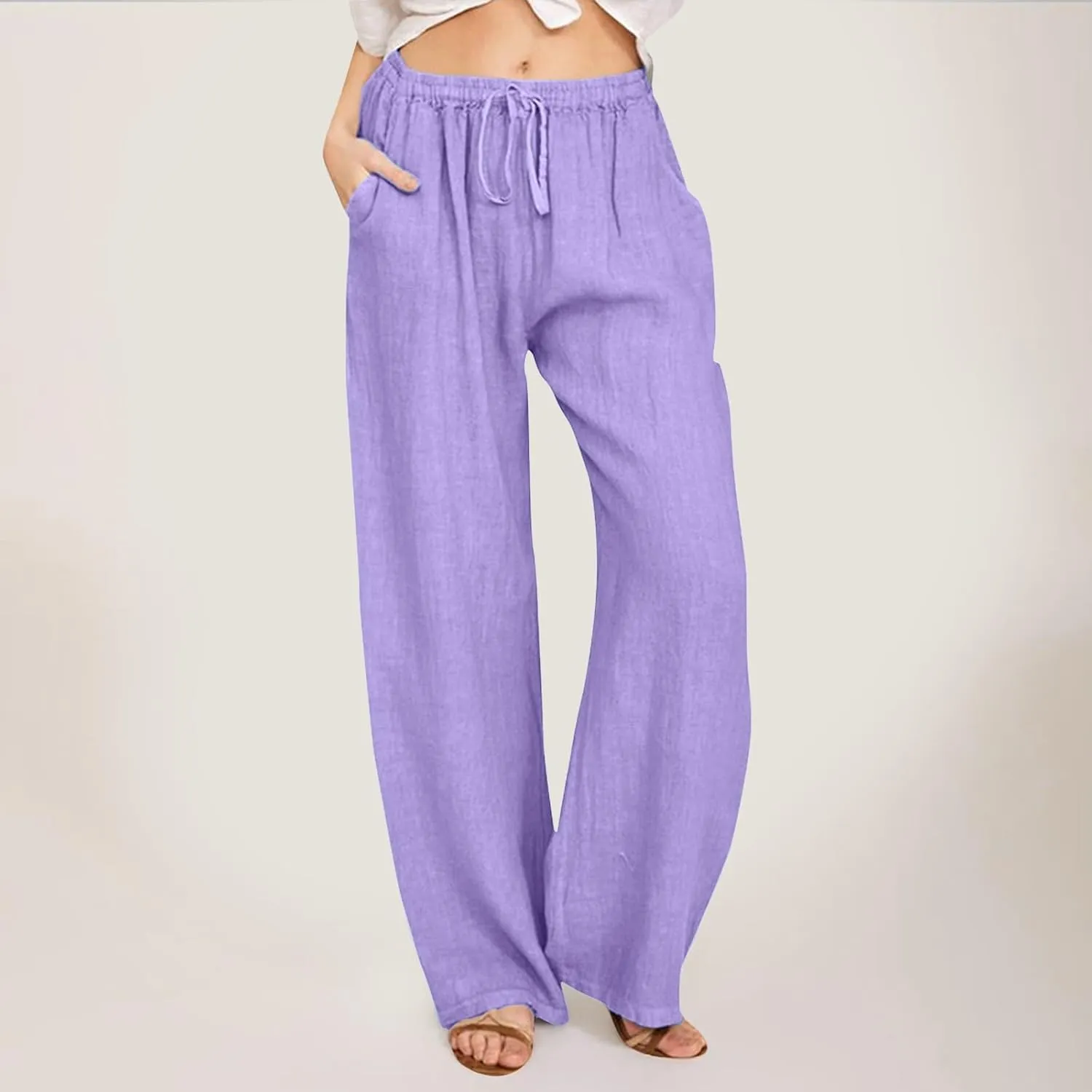 Women Linen Palazzo Pants Summer Beach Flowy Drawstring Slacks Wide Leg Lightweight Pants Comfy Cotton Baggy Trousers