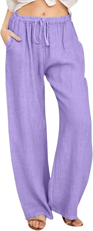 Women Linen Palazzo Pants Summer Beach Flowy Drawstring Slacks Wide Leg Lightweight Pants Comfy Cotton Baggy Trousers
