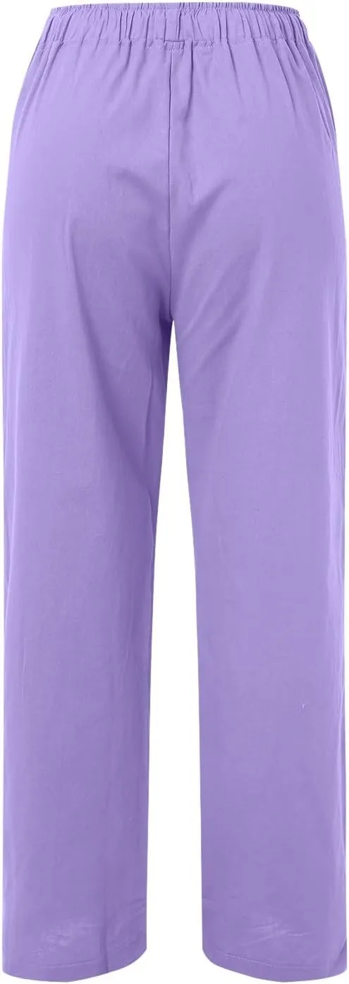 Women Linen Palazzo Pants Summer Beach Flowy Drawstring Slacks Wide Leg Lightweight Pants Comfy Cotton Baggy Trousers