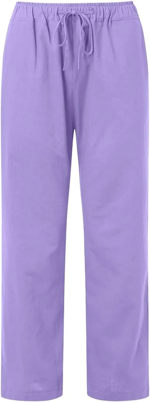 Women Linen Palazzo Pants Summer Beach Flowy Drawstring Slacks Wide Leg Lightweight Pants Comfy Cotton Baggy Trousers