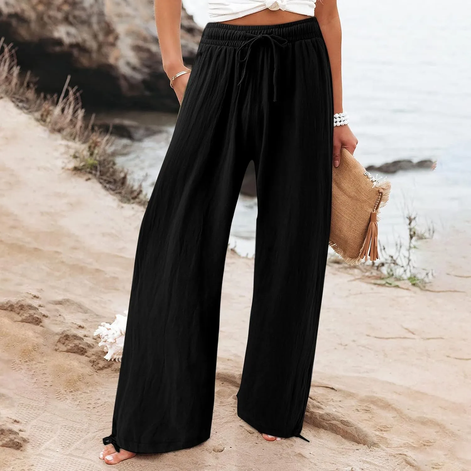Women Linen Palazzo Pants Summer Boho Beach Yoga Pant Wide Leg Drawstring High Waist Lounge Trousers with Pockets