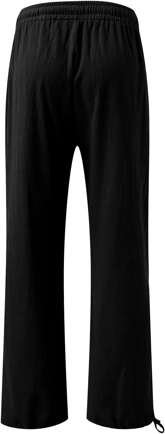 Women Linen Palazzo Pants Summer Boho Beach Yoga Pant Wide Leg Drawstring High Waist Lounge Trousers with Pockets