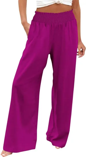 Women Linen Palazzo Pants Wide Leg High Waist Summer Casual Boho Trousers Travel Vacation Long Work