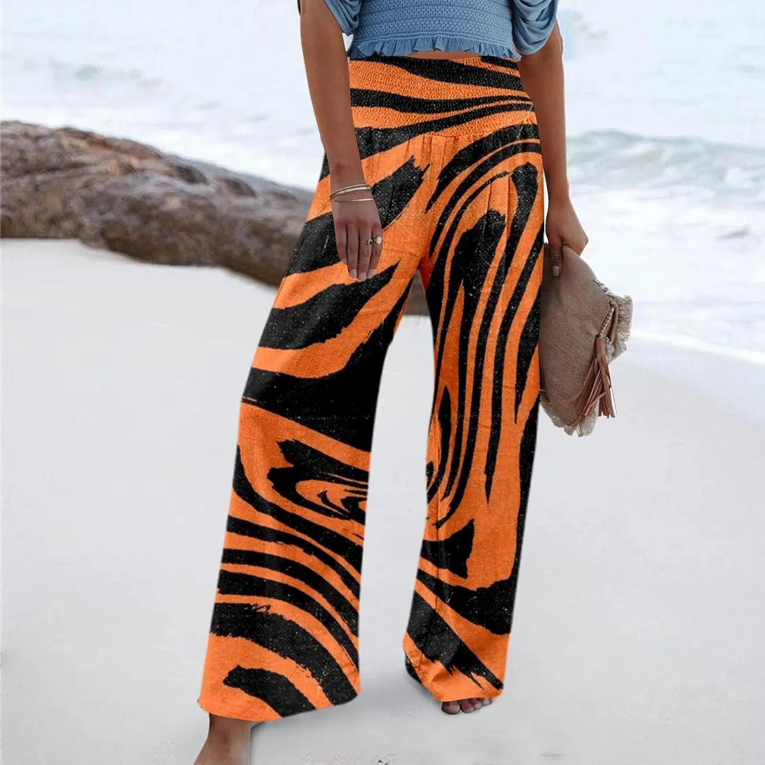 Women Linen Pants 2025 Summer Casual Loose Wide Leg Palazzo Pants Smocked High Waist Flowy Beach Trousers