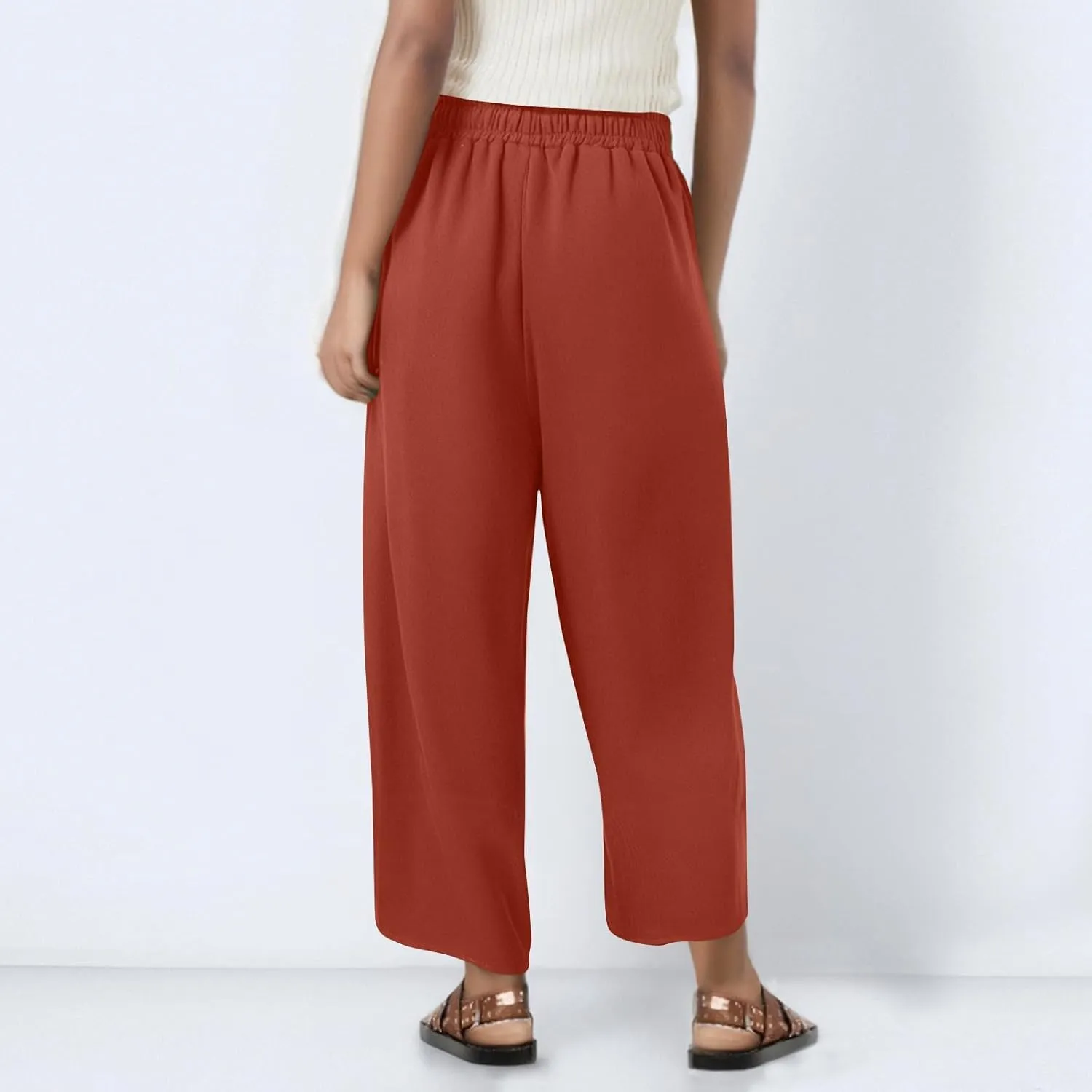 Women Linen Pants Cropped Pants Wide Leg High Waisted Palazzo Pants Summer Flowy Beach Lounge Casual Trousers with Pockets