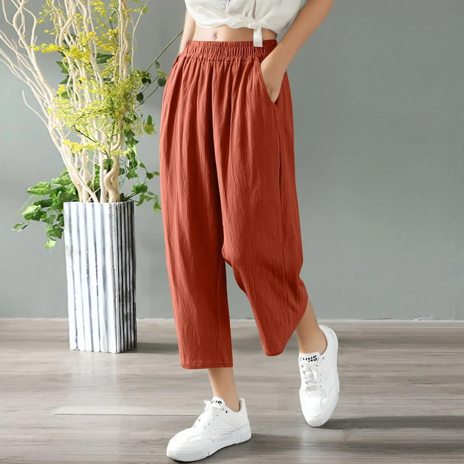 Women Linen Pants Cropped Pants Wide Leg High Waisted Palazzo Pants Summer Flowy Beach Lounge Casual Trousers with Pockets