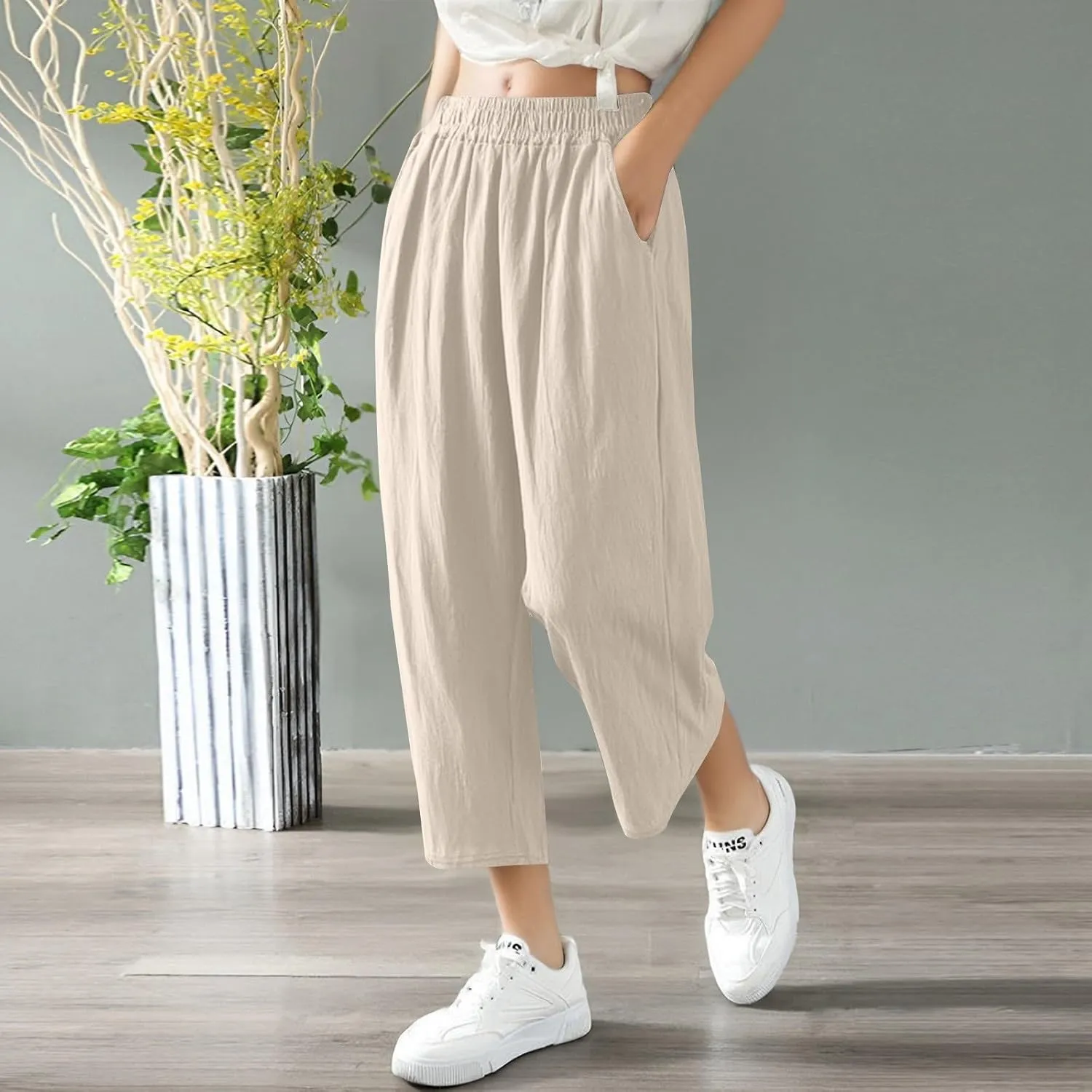 Women Linen Pants Cropped Pants Wide Leg High Waisted Palazzo Pants Summer Flowy Beach Lounge Casual Trousers with Pockets