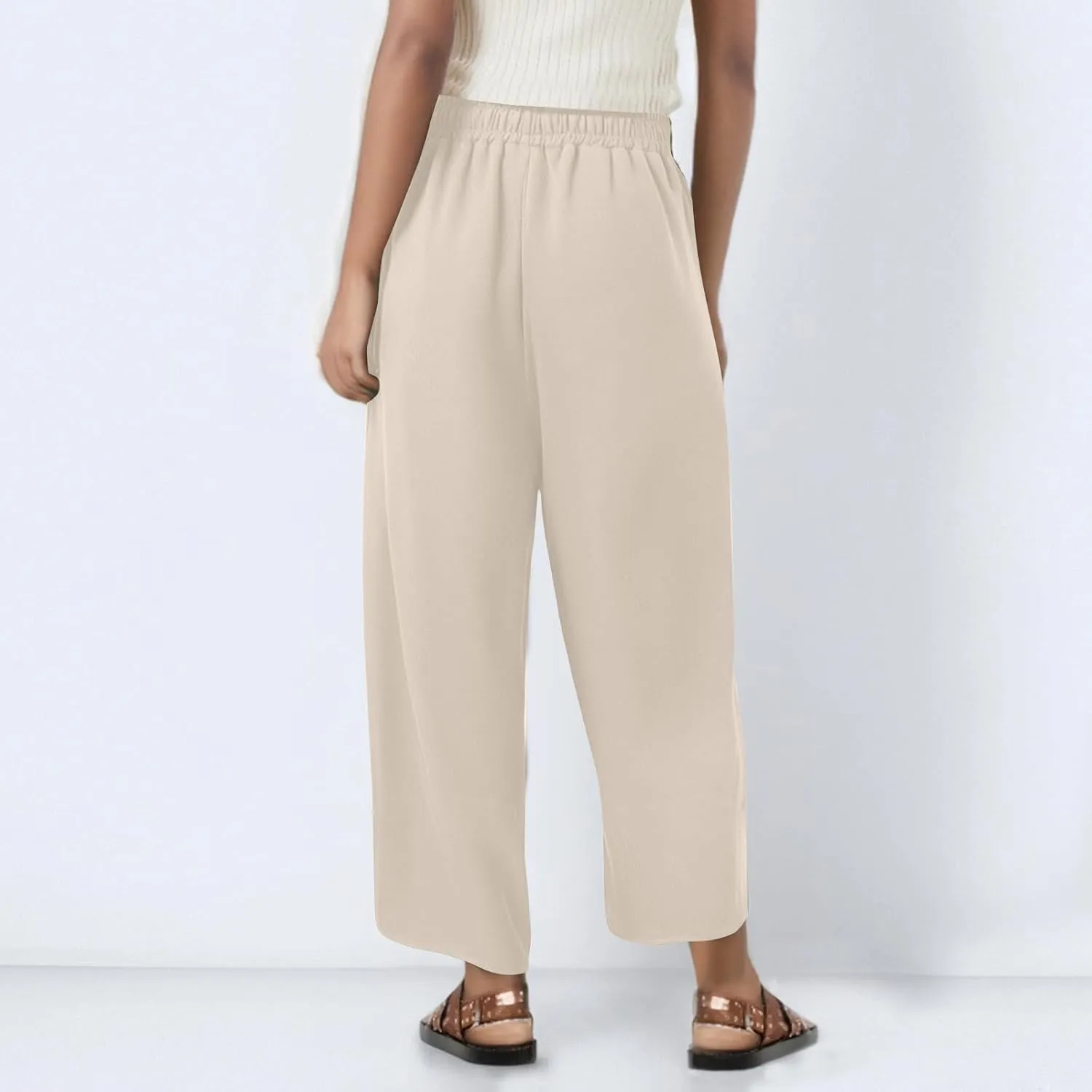 Women Linen Pants Cropped Pants Wide Leg High Waisted Palazzo Pants Summer Flowy Beach Lounge Casual Trousers with Pockets