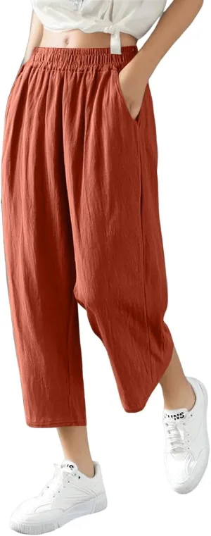 Women Linen Pants Cropped Pants Wide Leg High Waisted Palazzo Pants Summer Flowy Beach Lounge Casual Trousers with Pockets