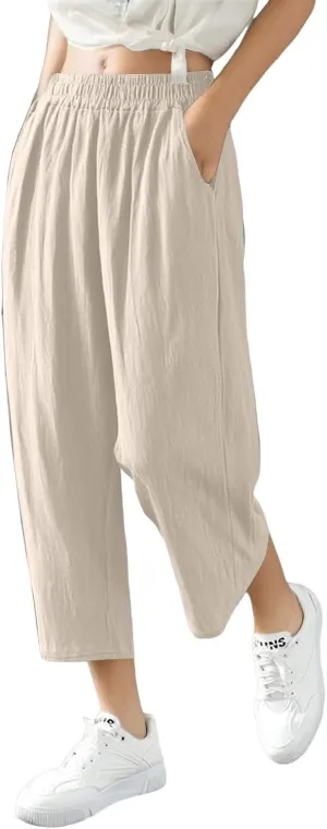 Women Linen Pants Cropped Pants Wide Leg High Waisted Palazzo Pants Summer Flowy Beach Lounge Casual Trousers with Pockets