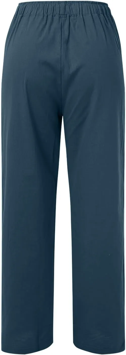 Women Linen Summer Loose Flowy Pants Low Waist Bootcut Slim-Fit Palazzo Lounge Pants Travel