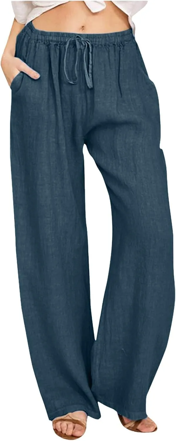 Women Linen Summer Loose Flowy Pants Low Waist Bootcut Slim-Fit Palazzo Lounge Pants Travel