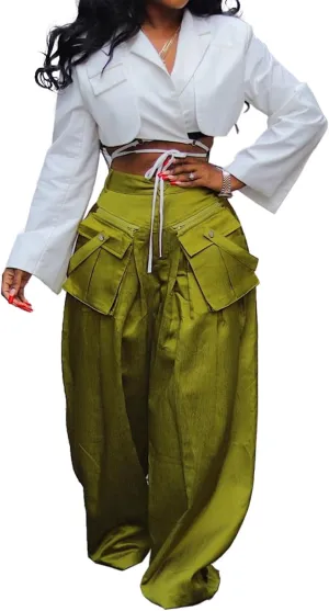 Women Satin Wide Leg Pants Casual High Waisted Palazzo Pants Trousers Loose Baggy Cargo Pants