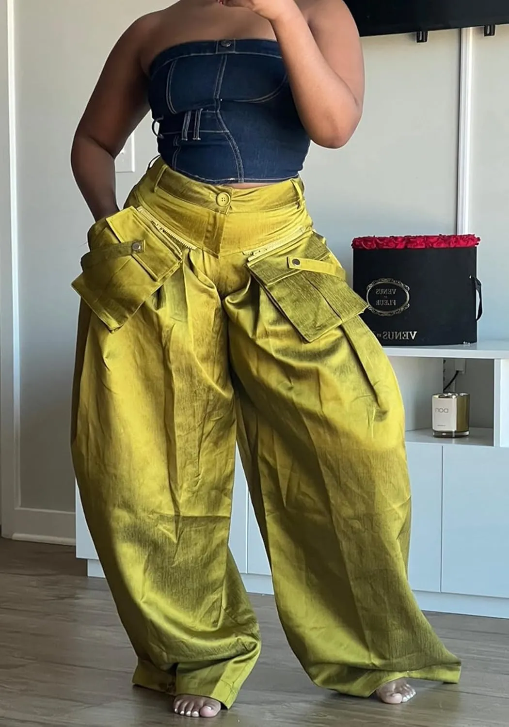 Women Satin Wide Leg Pants Casual High Waisted Palazzo Pants Trousers Loose Baggy Cargo Pants