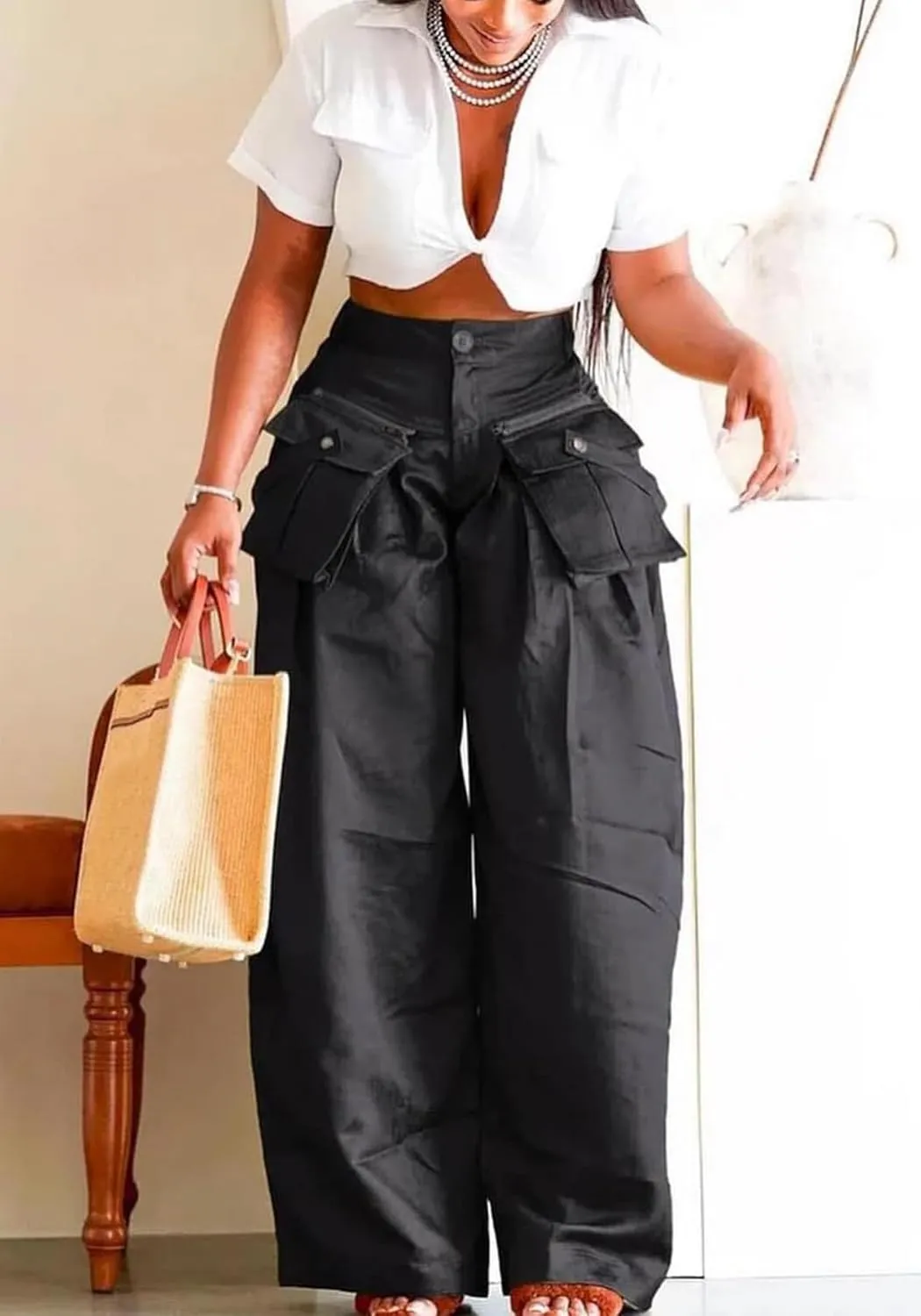 Women Satin Wide Leg Pants Casual High Waisted Palazzo Pants Trousers Loose Baggy Cargo Pants