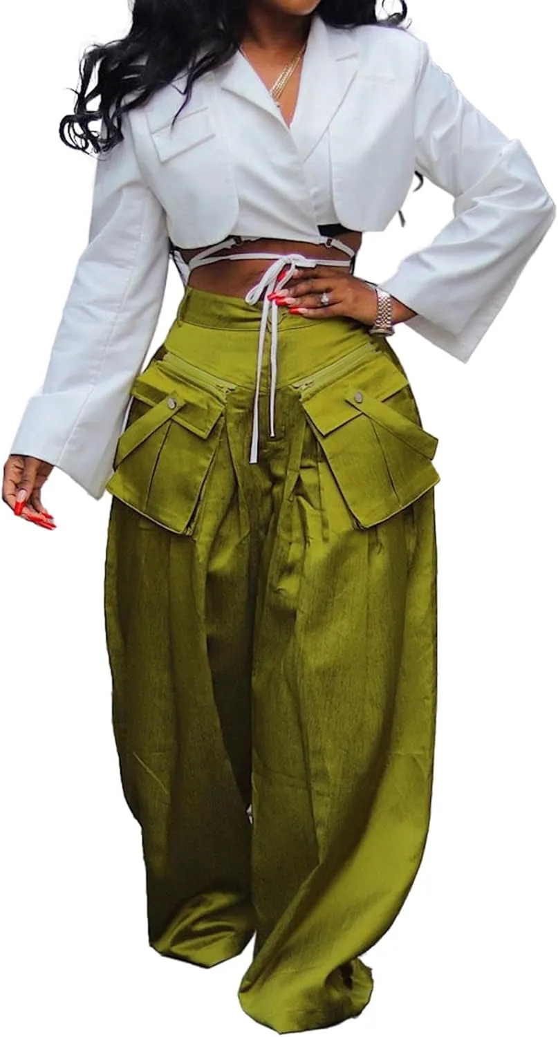 Women Satin Wide Leg Pants Casual High Waisted Palazzo Pants Trousers Loose Baggy Cargo Pants
