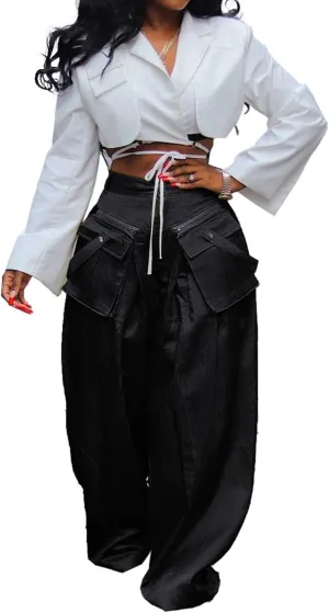Women Satin Wide Leg Pants Casual High Waisted Palazzo Pants Trousers Loose Baggy Cargo Pants