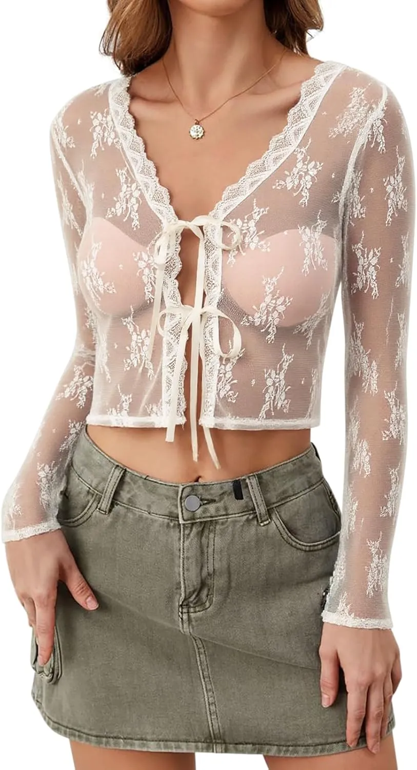 Women Sexy Long Sleeve Lace Tops Mesh Sheer Tie Front Party Club Shrugs Swimwear Cover Ups 2025 Fashion Outfits