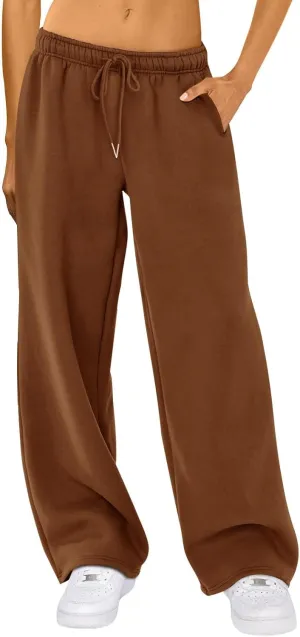 Women Straight Wide Leg Sweatpants Casual Baggy Lined Pants Drawstring High Waist Cargo Jogger Trousers