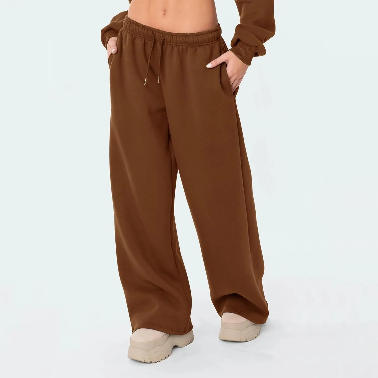 Women Straight Wide Leg Sweatpants Casual Baggy Lined Pants Drawstring High Waist Cargo Jogger Trousers
