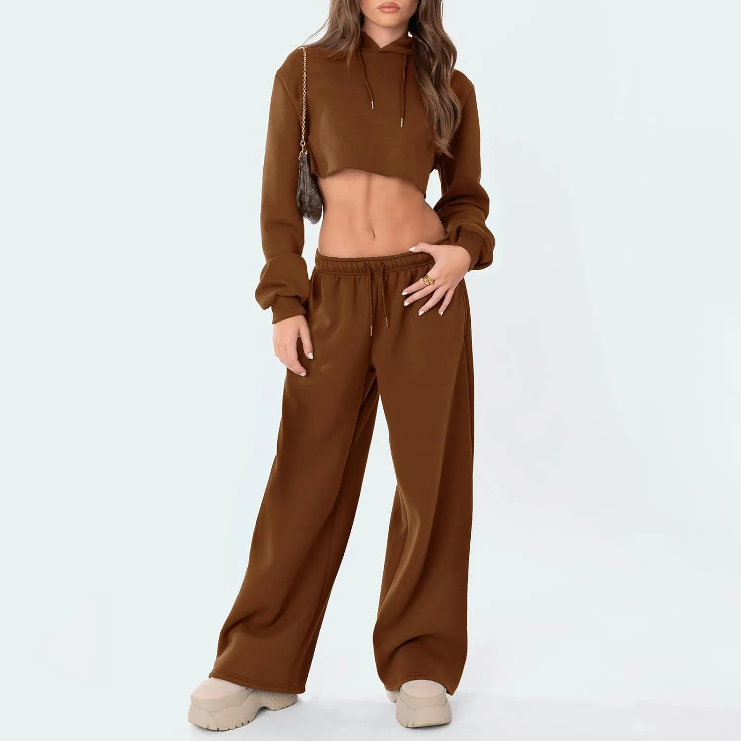 Women Straight Wide Leg Sweatpants Casual Baggy Lined Pants Drawstring High Waist Cargo Jogger Trousers