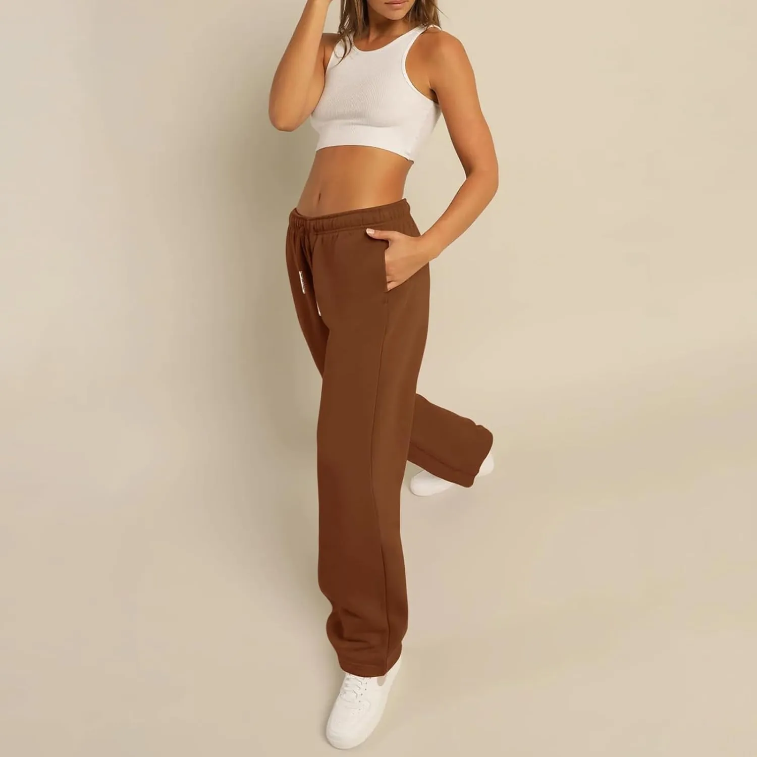 Women Straight Wide Leg Sweatpants Casual Baggy Lined Pants Drawstring High Waist Cargo Jogger Trousers