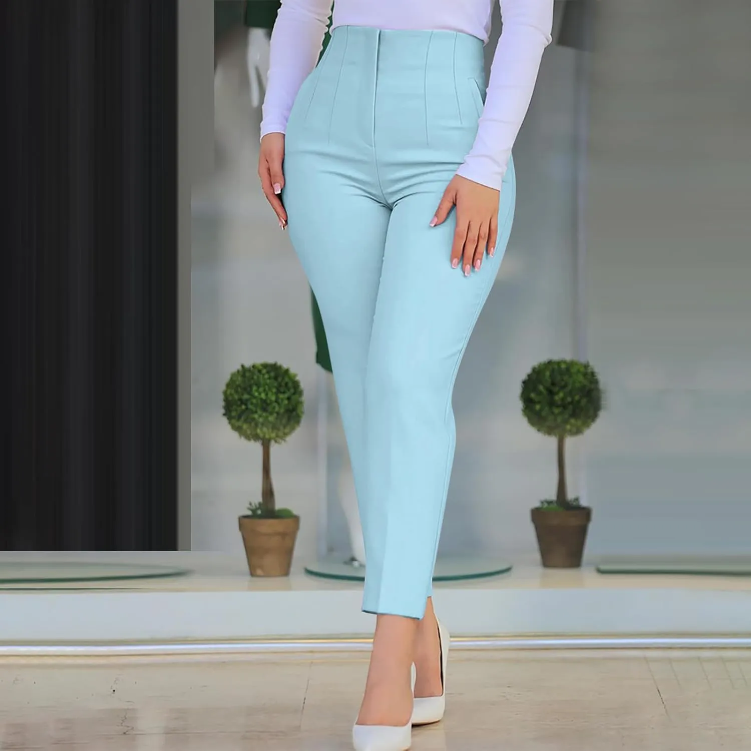 Women Suit Pants Dressy Elegant High Elastic Waisted Stretchy Tummy Control Business Work Pants Casual Skinny Pants