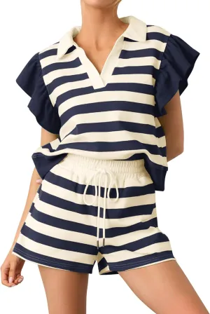 Women Summer 2 Piece Short Sets Striped V Neck Flutter Short Sleeve Tops and High Waist Wide Leg Shorts with Pockets