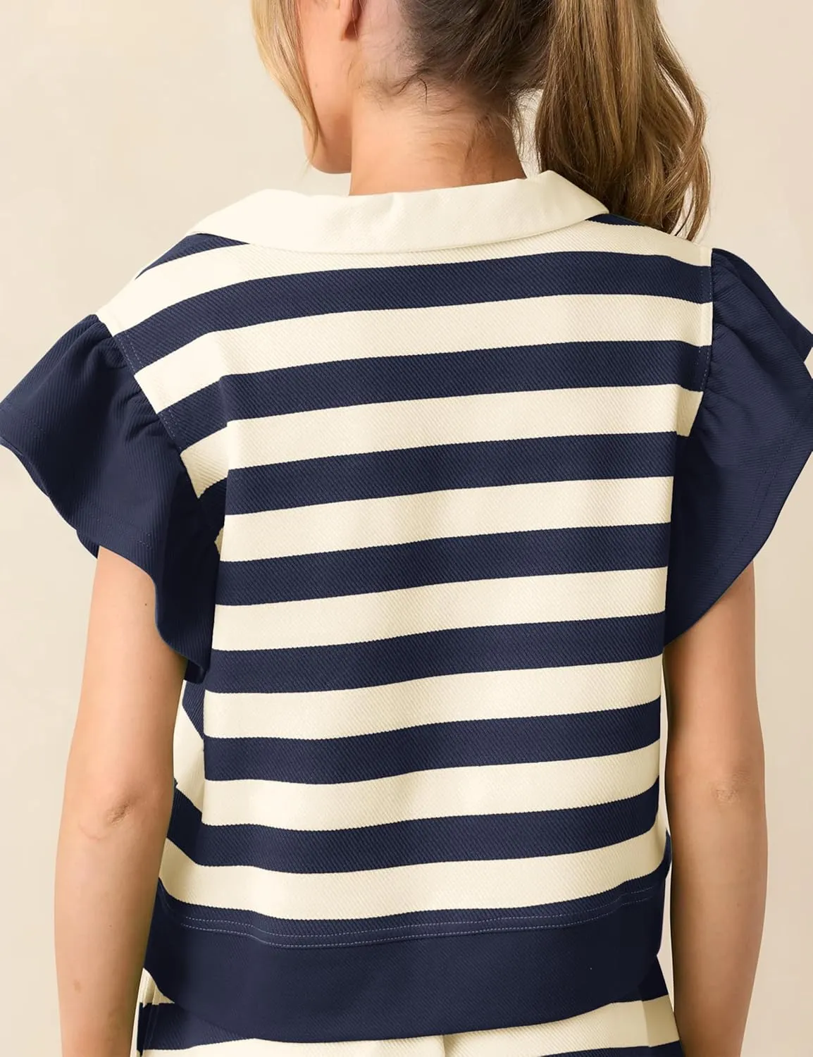 Women Summer 2 Piece Short Sets Striped V Neck Flutter Short Sleeve Tops and High Waist Wide Leg Shorts with Pockets