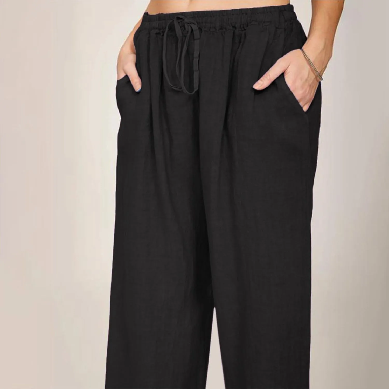 Women Summer Casual Drawstring Waist Cotton Linen Pants Wide Leg Flowy Beach Palazzo Slacks Cute Lightweight Trousers