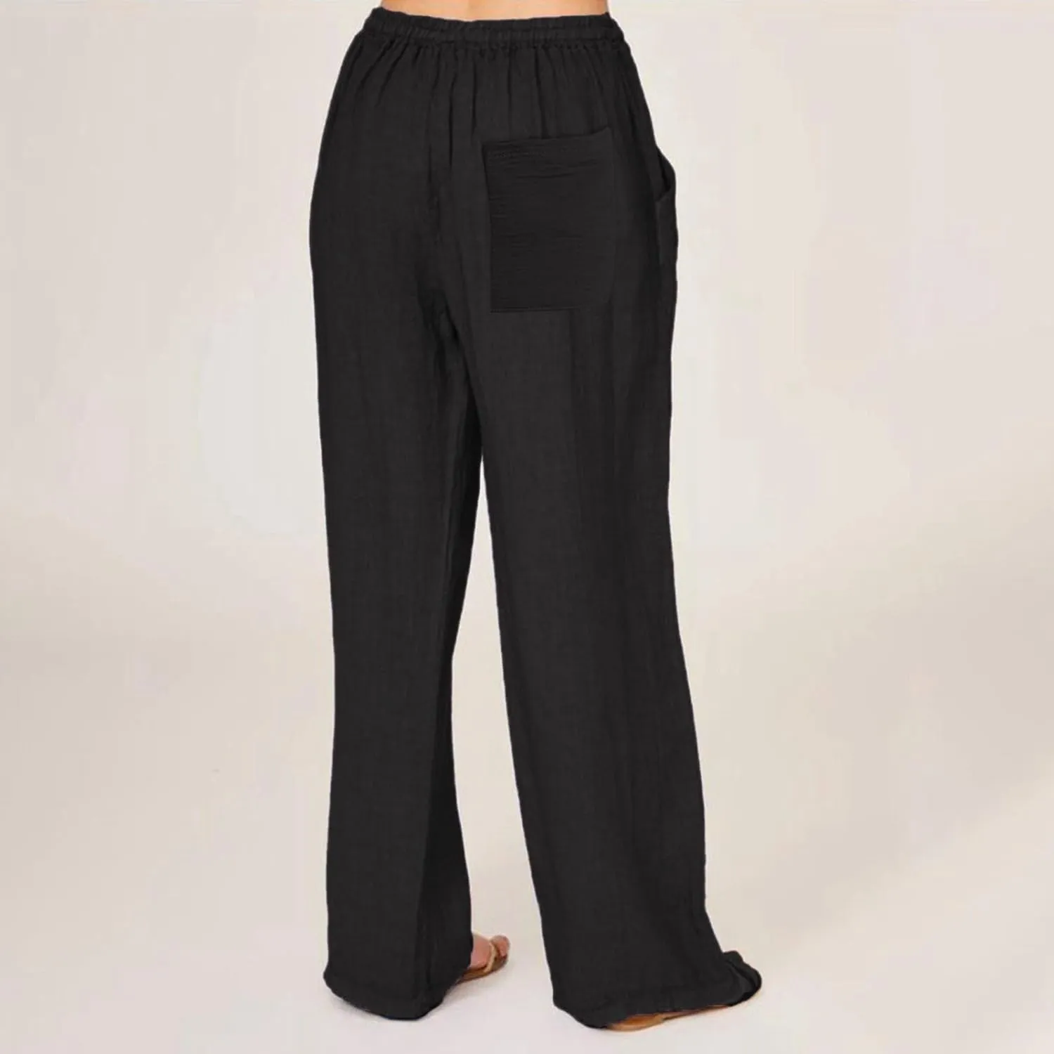 Women Summer Casual Drawstring Waist Cotton Linen Pants Wide Leg Flowy Beach Palazzo Slacks Cute Lightweight Trousers