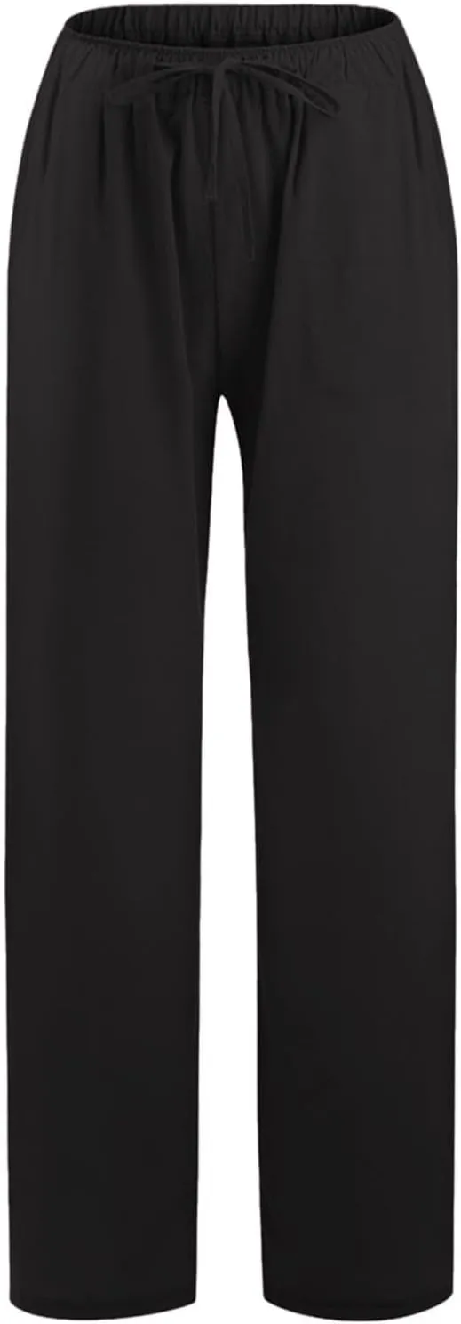 Women Summer Casual Drawstring Waist Cotton Linen Pants Wide Leg Flowy Beach Palazzo Slacks Cute Lightweight Trousers