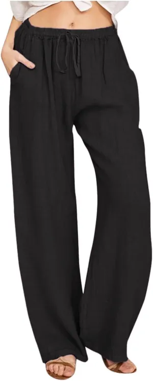 Women Summer Casual Drawstring Waist Cotton Linen Pants Wide Leg Flowy Beach Palazzo Slacks Cute Lightweight Trousers