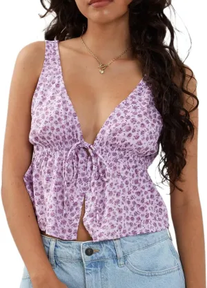 Women Tie Up Tank Y2k Ruffle Hem Sleeveless Camisole Summer Floral Print Crop Cami Peplum Going Out Tops