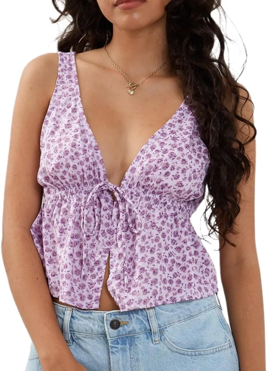 Women Tie Up Tank Y2k Ruffle Hem Sleeveless Camisole Summer Floral Print Crop Cami Peplum Going Out Tops
