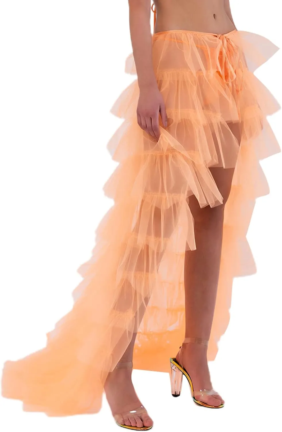 Women Tulle Skirt Floor Length High Waist Sheer Tulle Long Skirt Irregular Hem Lace-Up Puffy Skirt Party Prom Dresses