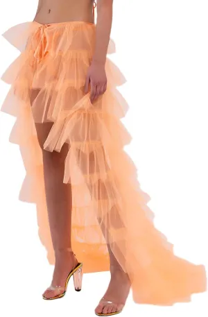 Women Tulle Skirt Floor Length High Waist Sheer Tulle Long Skirt Irregular Hem Lace-Up Puffy Skirt Party Prom Dresses