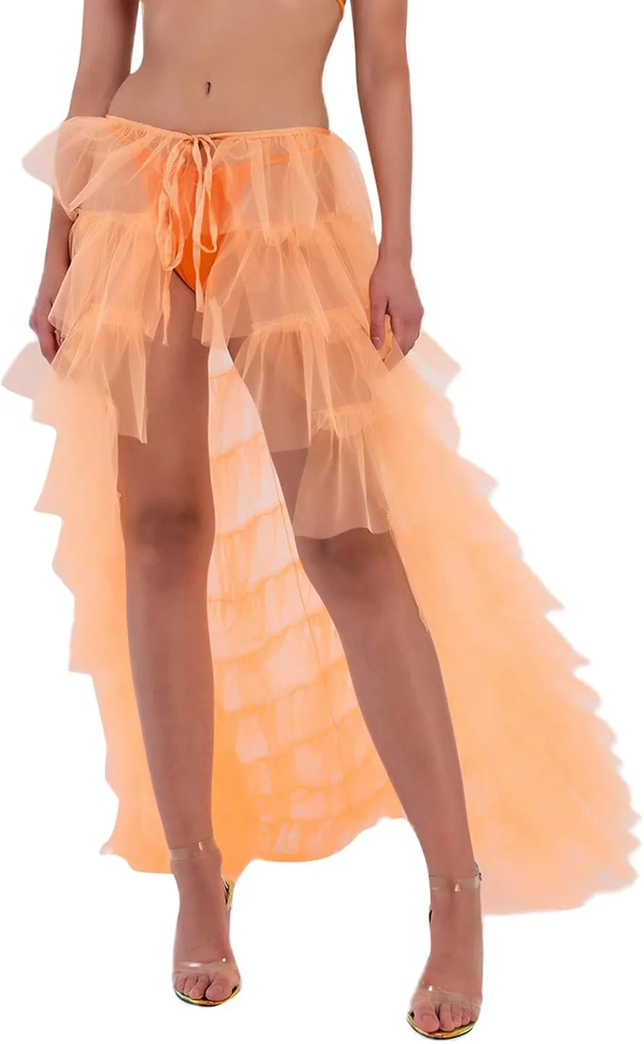 Women Tulle Skirt Floor Length High Waist Sheer Tulle Long Skirt Irregular Hem Lace-Up Puffy Skirt Party Prom Dresses
