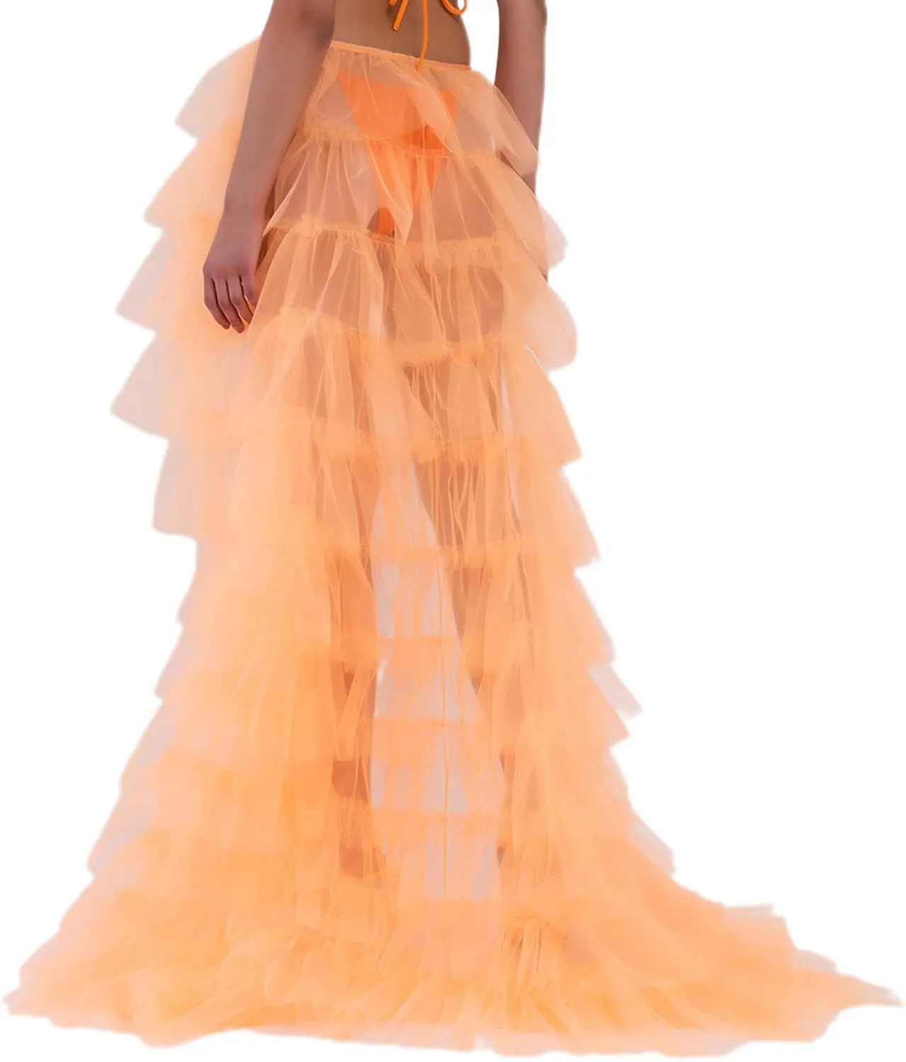 Women Tulle Skirt Floor Length High Waist Sheer Tulle Long Skirt Irregular Hem Lace-Up Puffy Skirt Party Prom Dresses