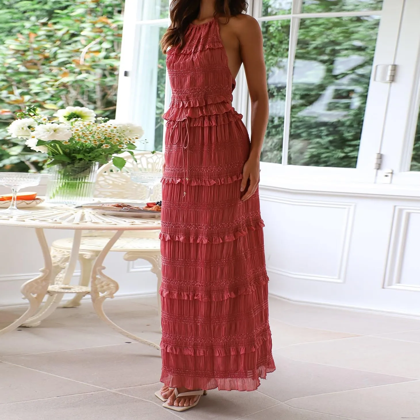 Women Y2k 2 Piece Maxi Skirts Set Halter Cami Crop Tops Ruffle Long Skirts Mesh Outfits Beachwear
