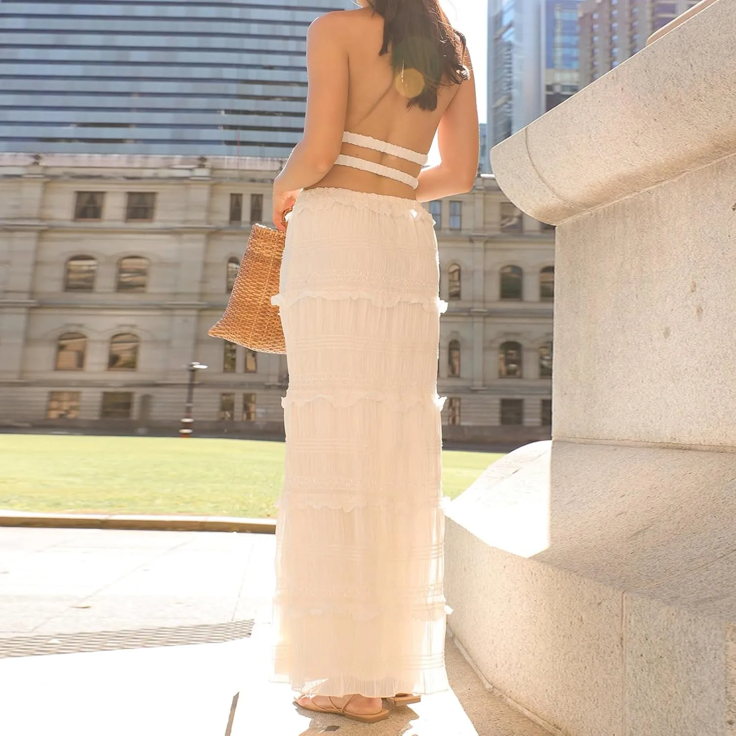 Women Y2k 2 Piece Maxi Skirts Set Halter Cami Crop Tops Ruffle Long Skirts Mesh Outfits Beachwear