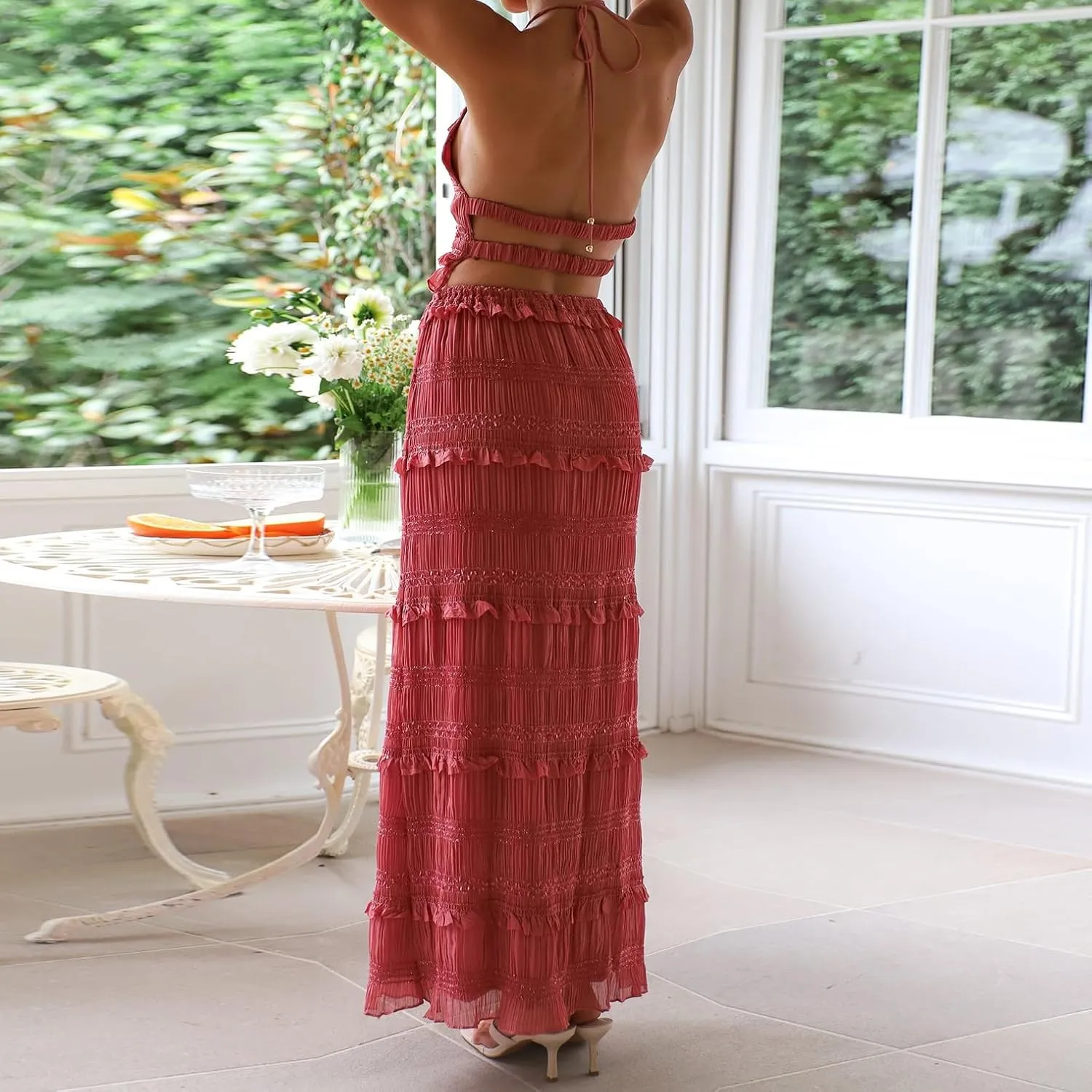 Women Y2k 2 Piece Maxi Skirts Set Halter Cami Crop Tops Ruffle Long Skirts Mesh Outfits Beachwear