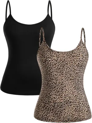 Women's 2 Pack Leopard Print Spaghetti Strap Cami Tops Slim Fit Crew Neck Sleeveless Camisole