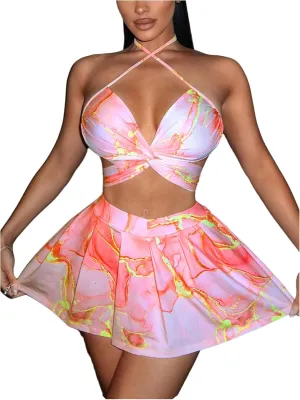 Women's 2 Piece Outfits Crisscross Twist Backless Halter Tops Pleated Mini Skirts Going Out Clothes