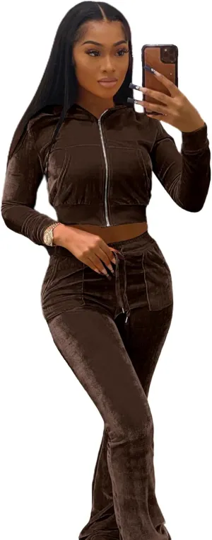 Womens 2 Piece Velour Tracksuit Two Piece Outfits for Women, Long Sleeve Crop Tops Flared Pants Jogging Sets